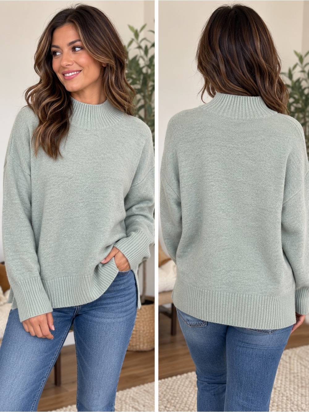 LOFT Outlet Sage Green Mock Neck Oversized Pullover Sweater Womens Size L